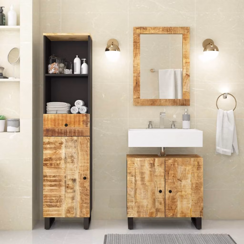 Set di mobili da bagno vidaXL in 3 pezzi in legno di mango marrone con mobile lavabo, pensile e armadio alto