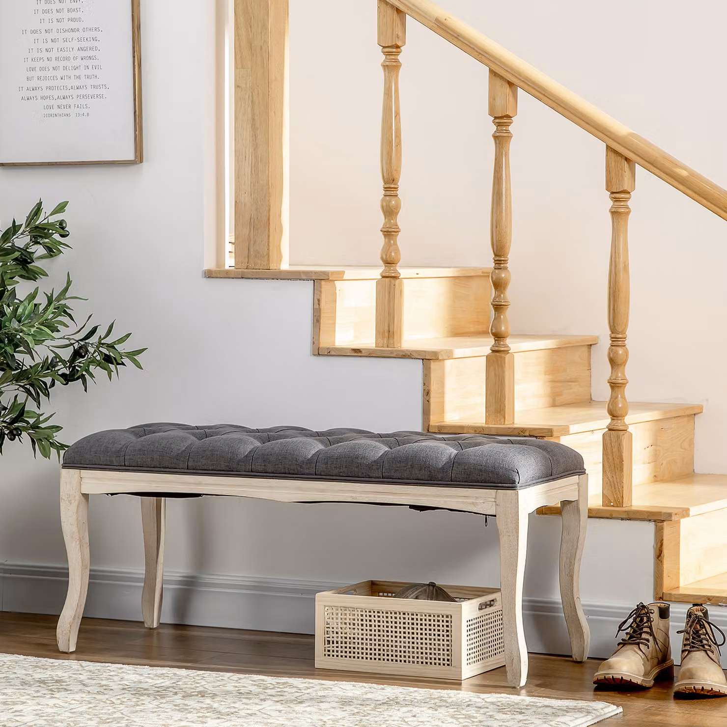 Panca Imbottita HOMCOM in Stile Classico con Base in Legno di Caucciù Intagliato e Rivestimento in Lino, Grigio, Larghezza: 110 cm – 2