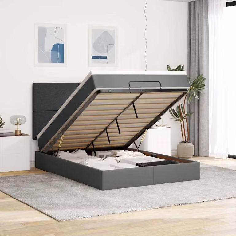 Letto con contenitore e materasso vidaXL in tessuto grigio e bianco, con base a sollevamento, illuminazione sottostante e porte di ricarica USB, L/P/H: 193 x 144 x 128 cm