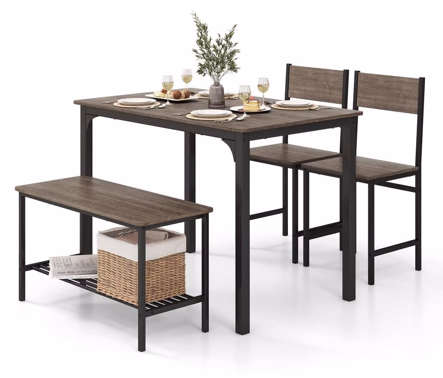 Set da pranzo composto da tavolo, 2 sedie e una panca, scaffale portaoggetti, struttura in metallo, design industriale, colore grigio