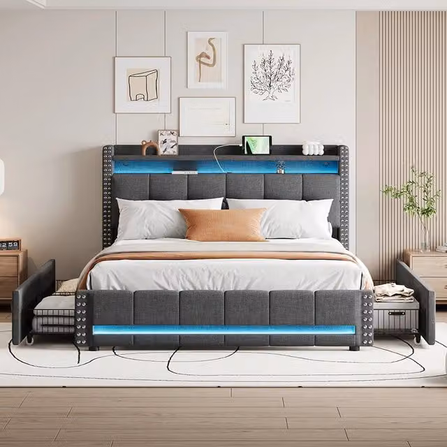 Letto imbottito 160x200 cm - Xylo - Grigio - Luci LED, 4 cassetti, presa USB