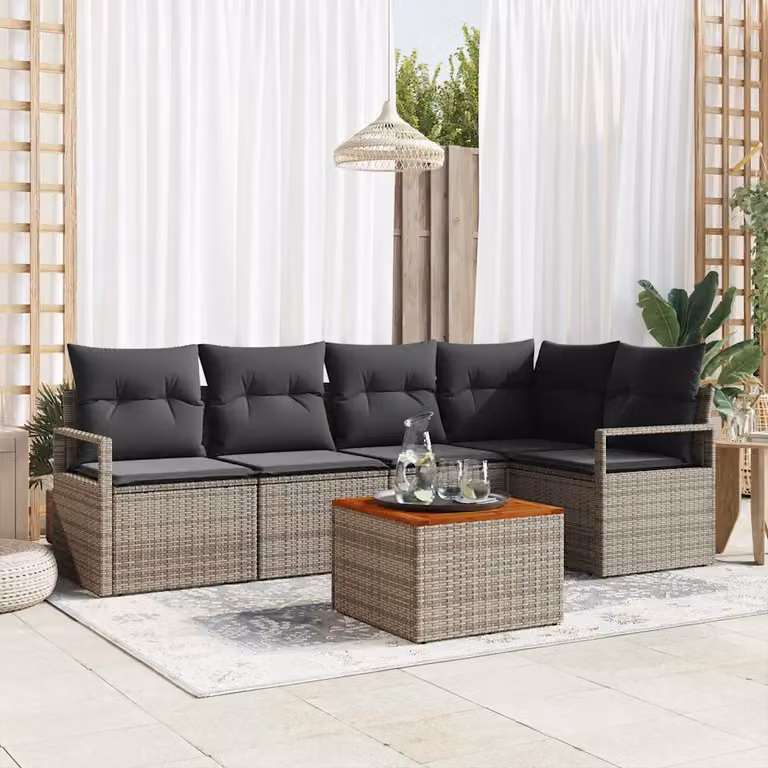 Set Divano da Giardino a L vidaXL da 6 pezzi in Polyrattan Grigio con Tavolino e Cuscini