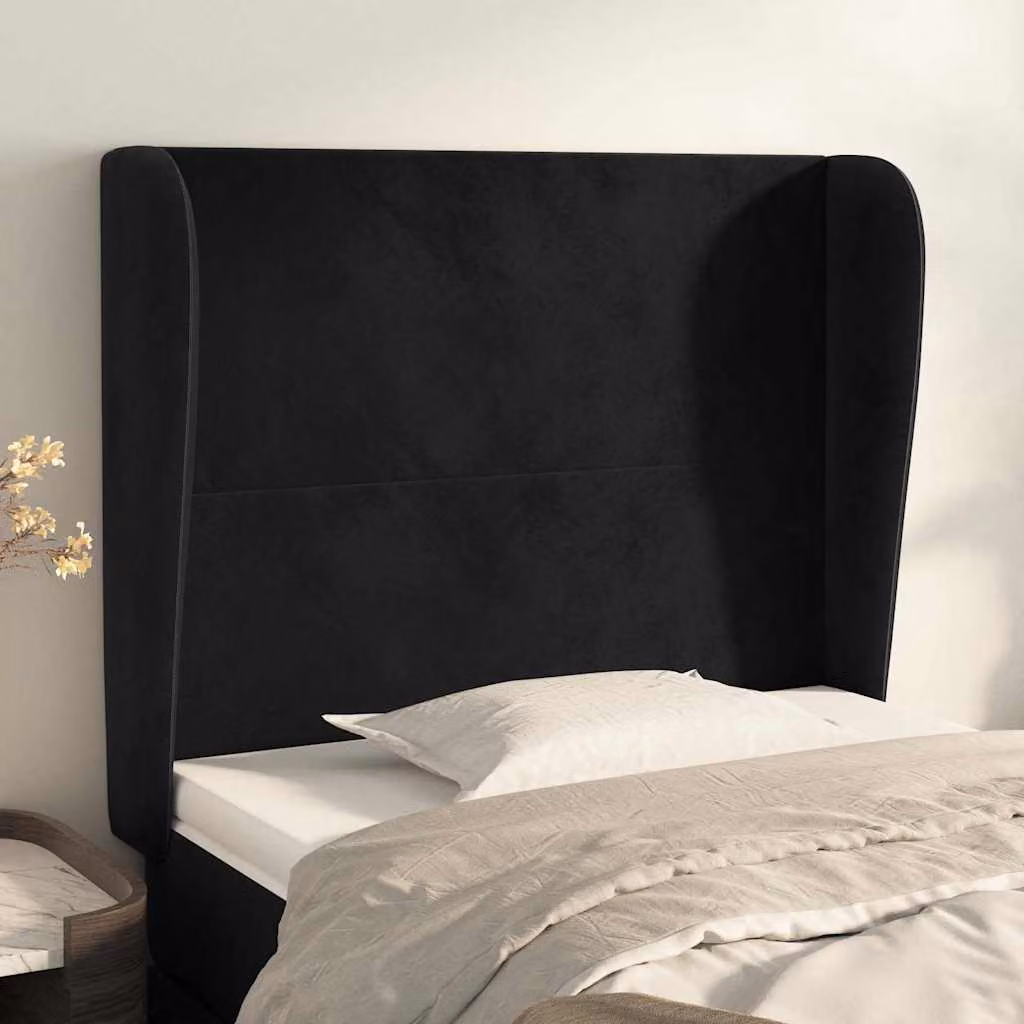 Testiera ad orecchio vidaXL in velluto nero con struttura in legno L: 83 cm, P: 23 cm, H: 118-128 cm