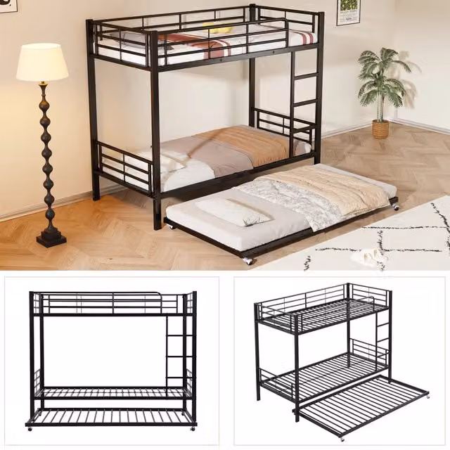 Letto a castello in metallo nero 90x200 cm con letto estraibile 90x190 cm; 3 posti e scaletta