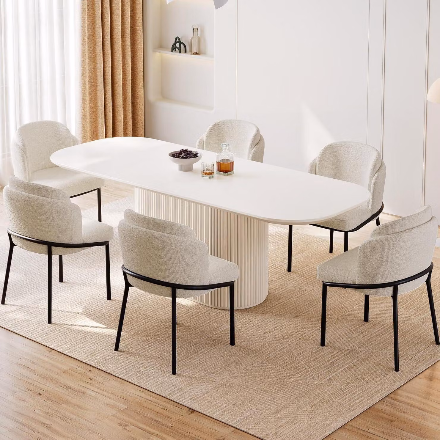 Set da pranzo composto da un tavolo e 6 sedie, design scandinavo, colore bianco, dimensioni tavolo: 220 cm