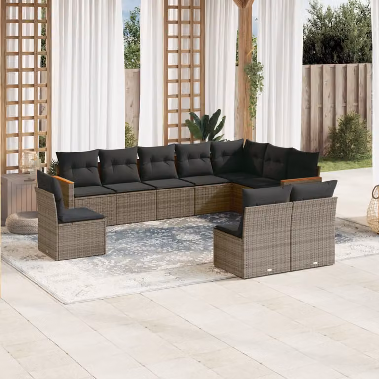 vidaXL Set Divano da Giardino 10 pz a forma di U in Polyrattan Grigio con Cuscini