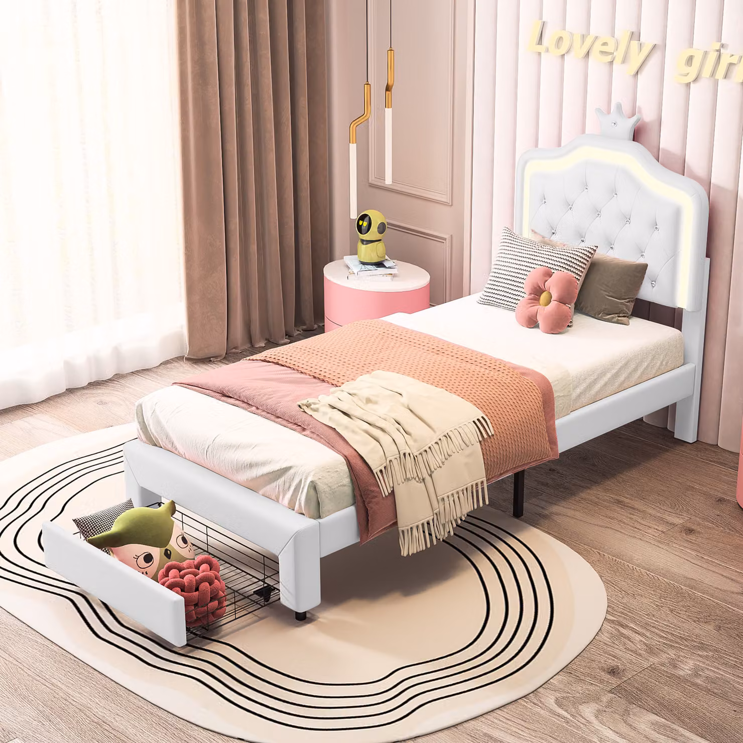 Letto imbottito ProximaX 90x200 cm per bambini - letto singolo con rete a doghe, LED e cassetto - bianco