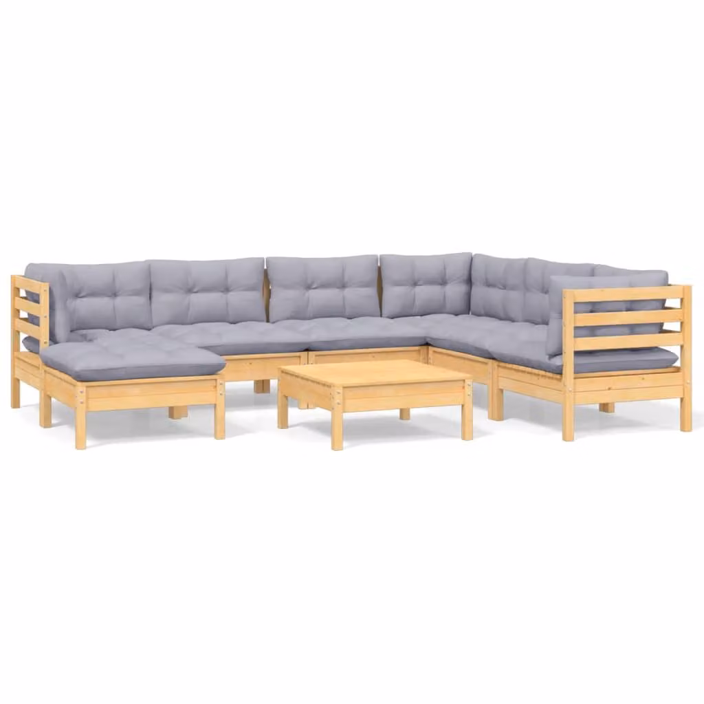 Set Divani da Giardino 8 pz con Cuscini Grigi Massello di Pino