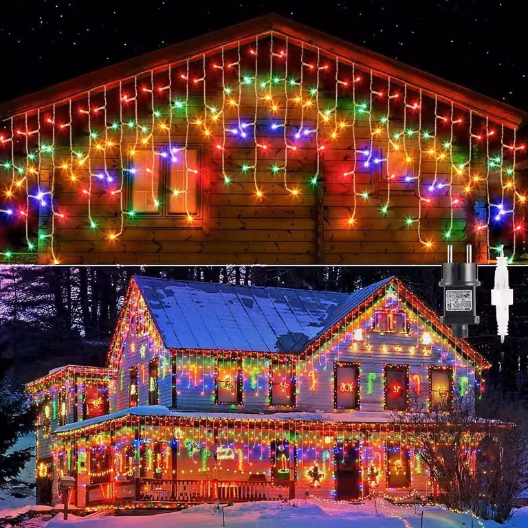 Catena luminosa a forma di cristalli di ghiaccio, 20 metri, 800 LED, multicolore, con timer