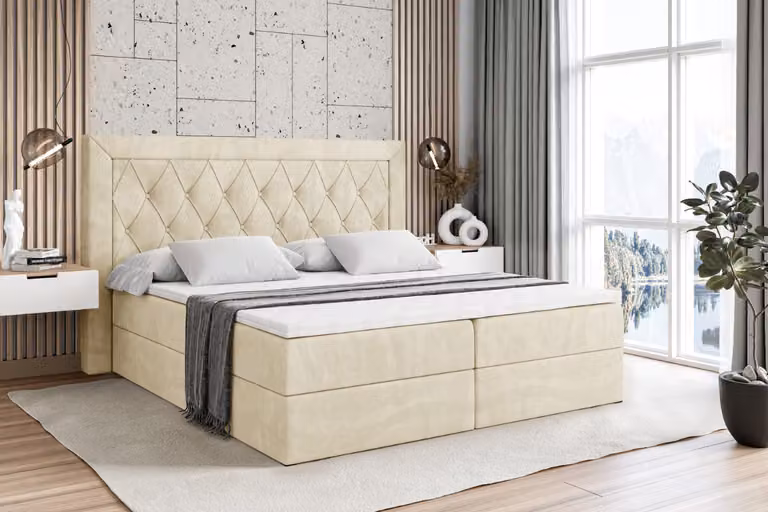Letto boxspring ALTDECOR con materasso (altezza 20 cm) e topper (altezza 4 cm), letto imbottito con testiera e contenitore - NOEL - 120x200 - H3 / Velluto beige
