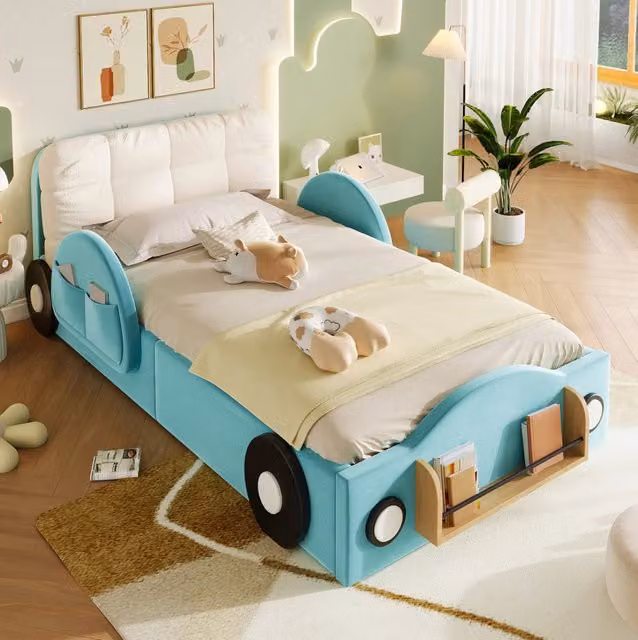 Letto imbottito blu 90x200 cm con contenitore idraulico