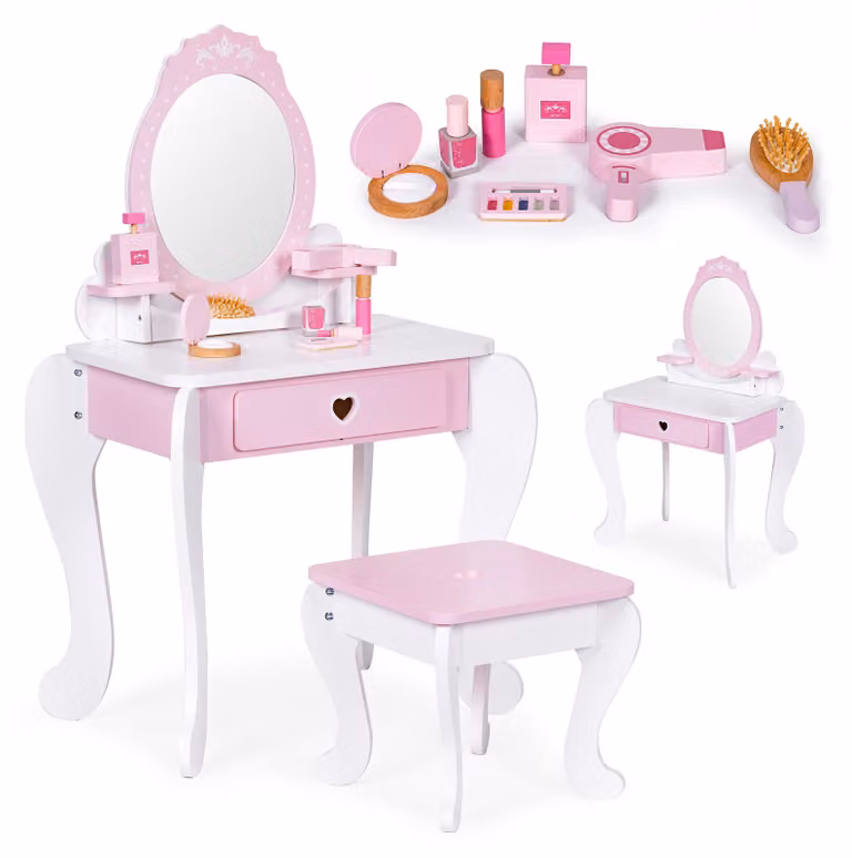 Comò giocattolo per bambini, grande, con specchio, sgabello e 7 accessori, marca ECOTOYS