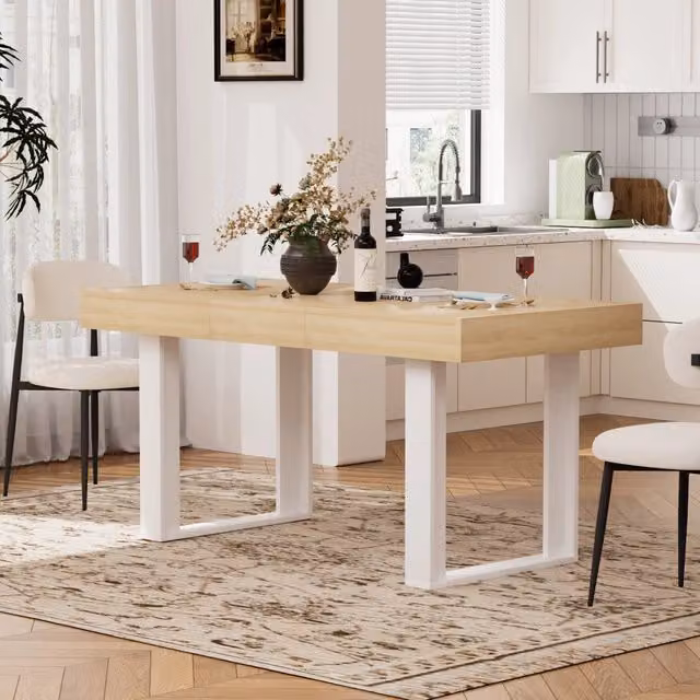Tavolo allungabile OKWISH in stile retrò per cucina e sala da pranzo, piano in materiale composito, L: 160 cm, P: 80 cm, H: 75 cm, colore bianco e beige