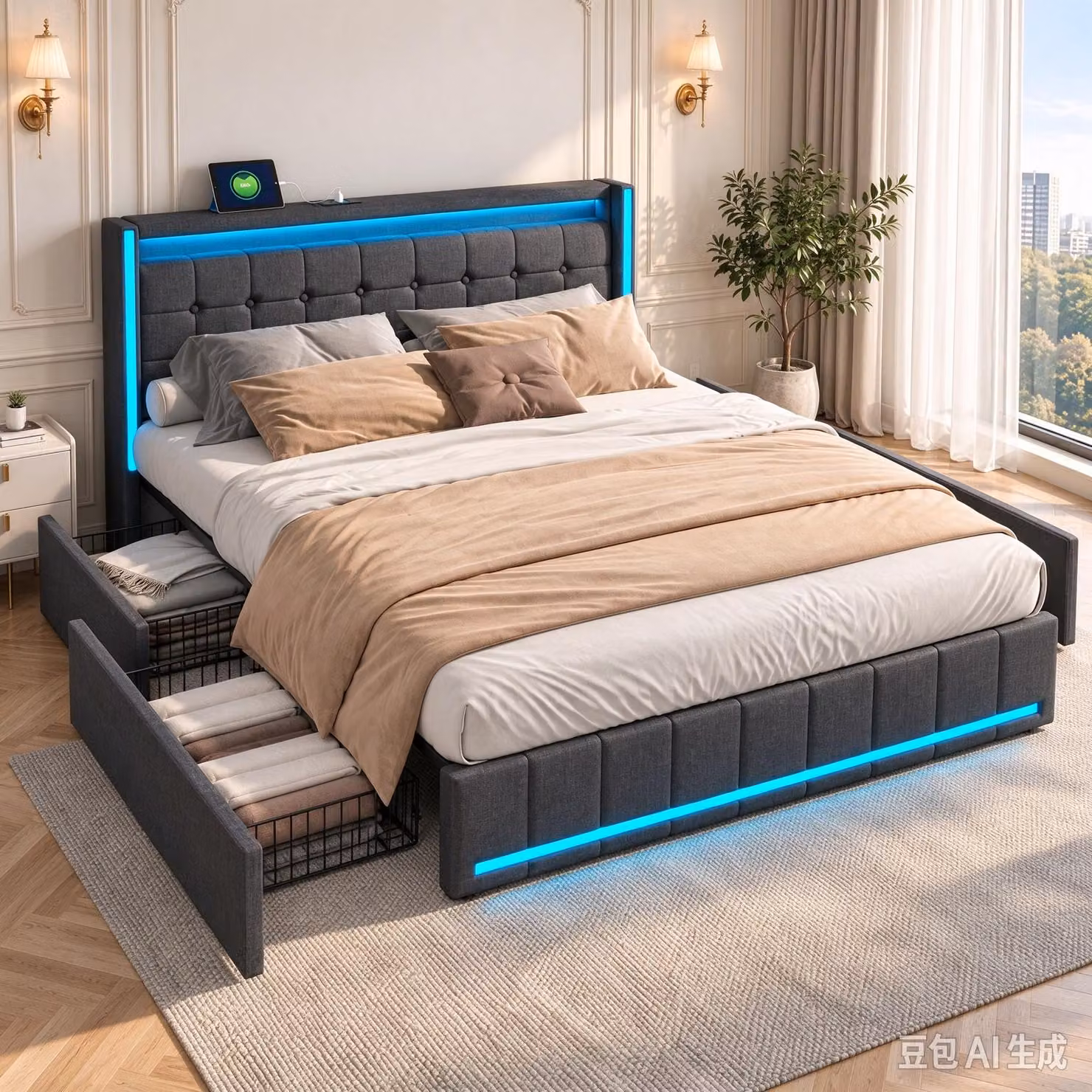 Letto imbottito INONEFT, 160x200 cm, con 4 cassetti, letto per ragazzi/matrimoniale con USB/Tipo-C e LED, letto contenitore in legno massello con rete a doghe, tessuto in lino, colore grigio