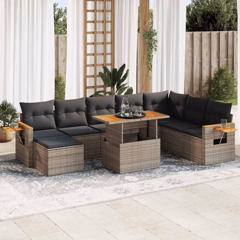 Set Divano da Giardino a L vidaXL in Polyrattan e Legno di Acacia Grigio con 9 Pezzi e Cuscini
