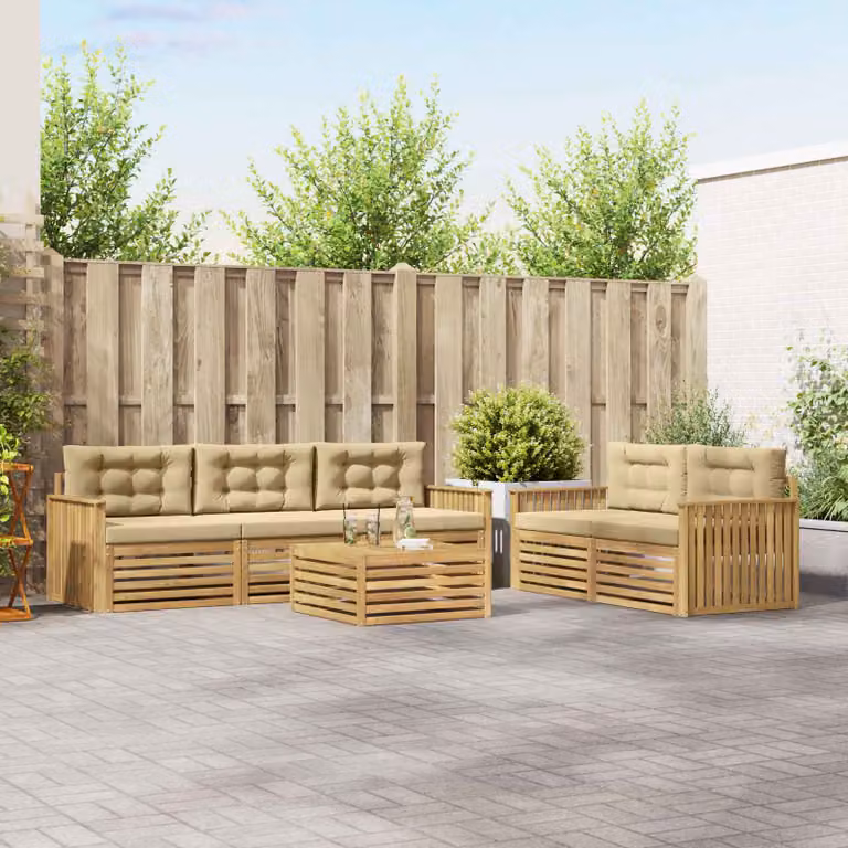 Set di divani da esterno vidaXL 6 pezzi in legno di acacia con tavolino e cuscini, Bianco e Beige