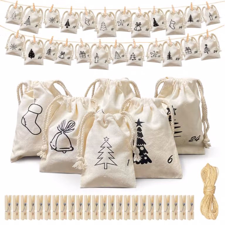 Calendario dell'Avvento da riempire, 24 tasche, 123x71 cm, in tela