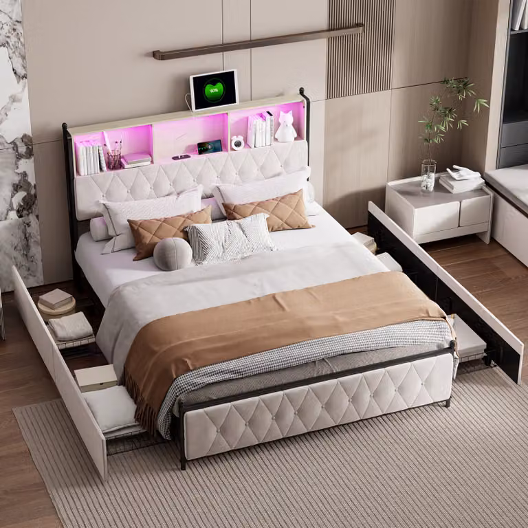 Letto imbottito Fortuna Lai 180x200 cm, letto matrimoniale con LED e USB Type-C, letto con rete a doghe e 4 cassetti, letto contenitore in velluto beige, letto moderno in metallo