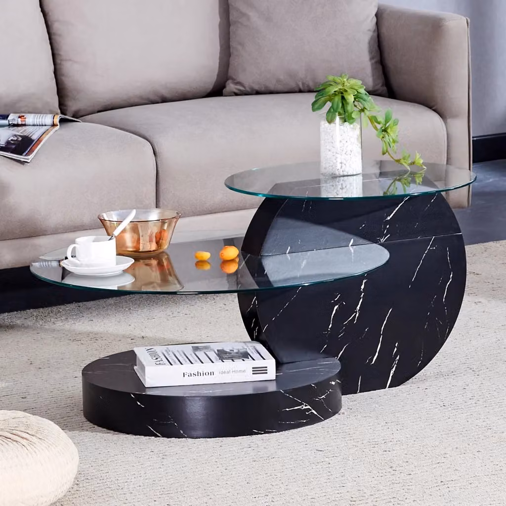 Tavolino da caffè REDOM a più livelli in MDF e vetro temperato, design minimalista rotondo, Nero/Trasparente, Ø 69,8 cm – 2