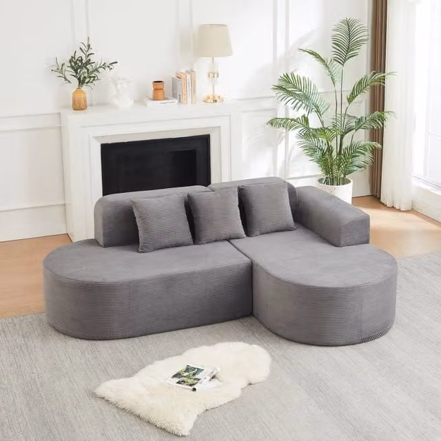 Divano ad angolo modulare in velluto a coste con schienale curvo e braccioli curvi grigio 220 × 155 × 70 cm