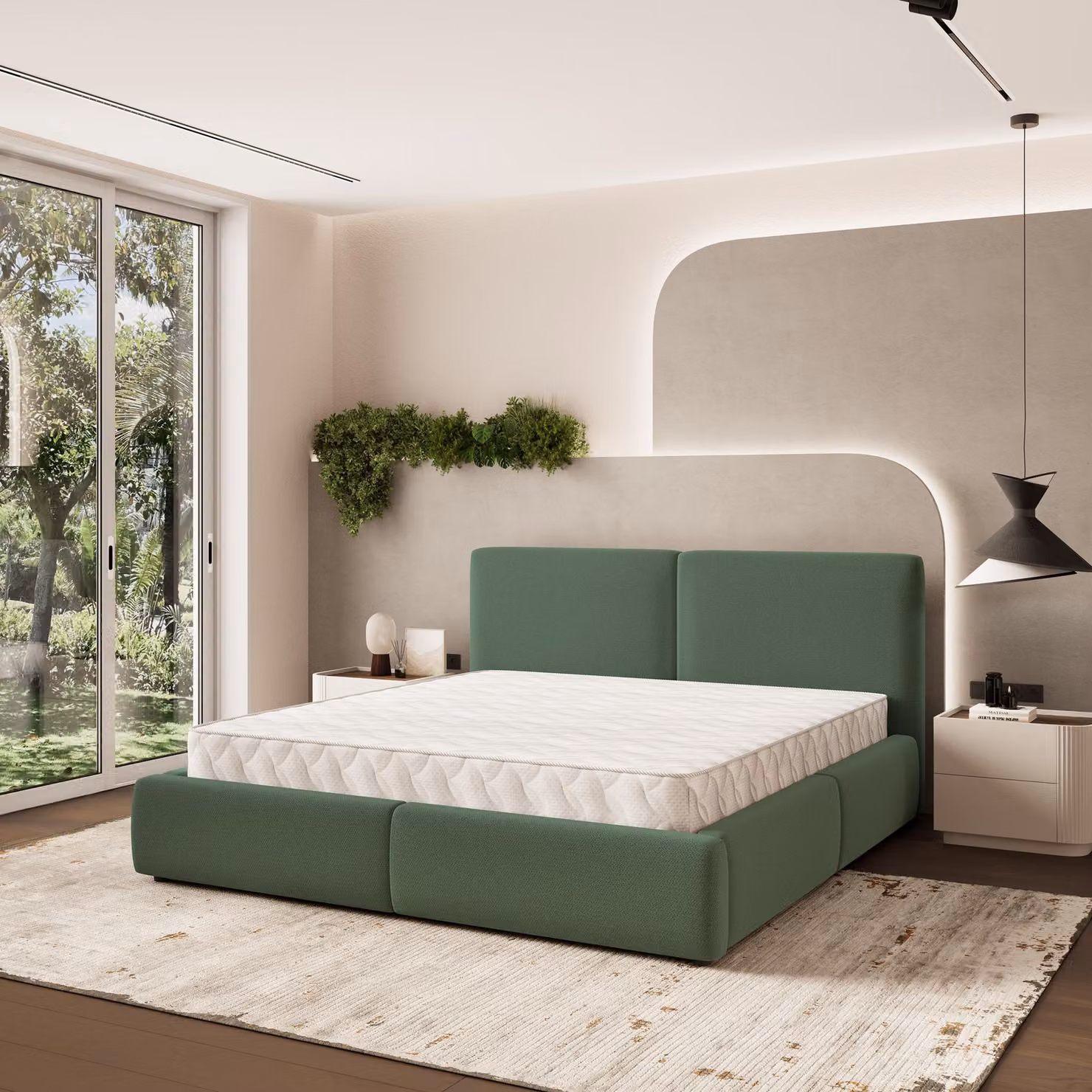 Letto imbottito Masseno FELURO 160x200 cm, letto imbottito con cassetti - Verde, SORO 72