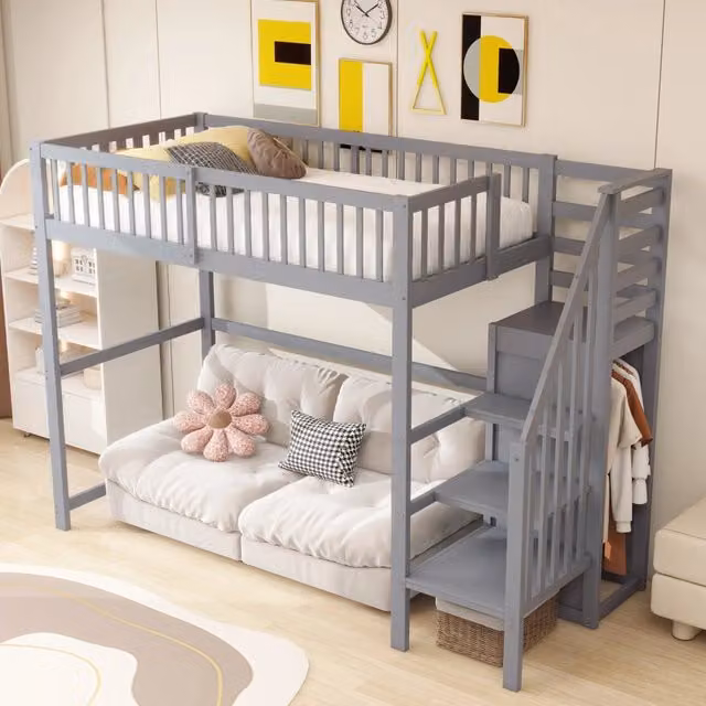 Letto a soppalco singolo Chicfurn in legno grigio con scala, armadio e ripiani, L/P/H: 200 x 90 x 177,5 cm