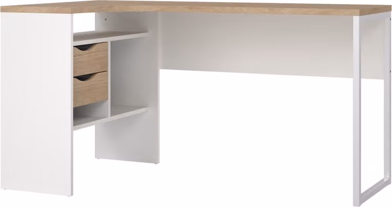 Scrivania FunctionPlus ad angolo 3 ripiani 2 cassetti noce decor bianco.