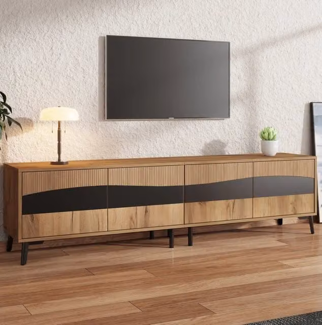 Mobile TV moderno 180 x 40 x 50 cm con 4 vani; effetto legno naturale e nero