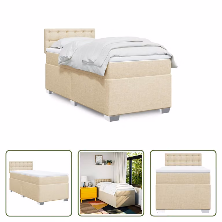 The Living Store Letto a molle con materasso crema 100x200 cm in tessuto
