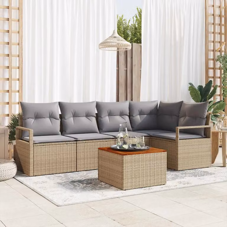 Set Divano da Giardino Moderno vidaXL in Polyrattan e Legno di Acacia, 6 Pezzi, Beige