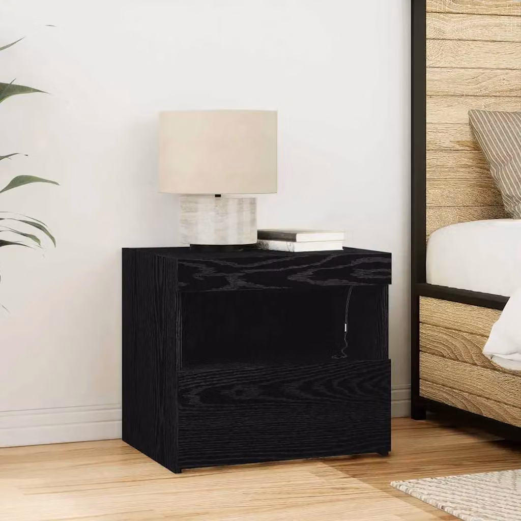 vidaXL Armadio da Notte in MDF Stile Rustico con Illuminazione Integrata, Nero e Marrone, L 50 cm x P 40 cm x H 45 cm