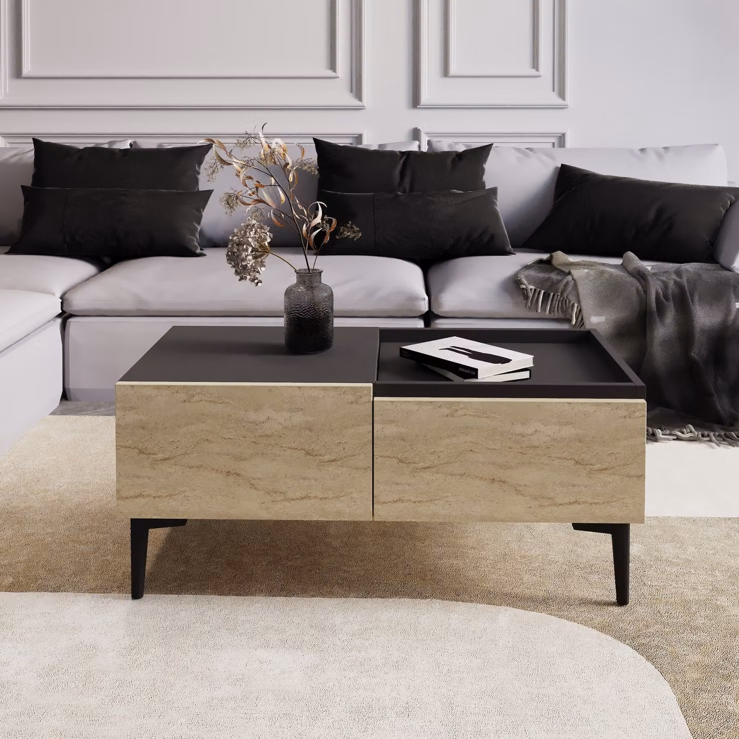 Skye Decor, tavolino moderno in travertino e antracite, 91,8 x 38,6 x 45 cm | 100% pannello di particelle rivestito in melamina, spessore 18 mm | Spazio aggiuntivo per riporre oggetti, design elegante.