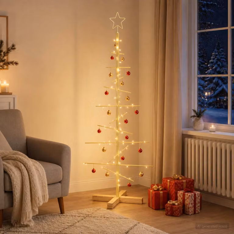 Albero di Natale moderno vidaXL KUOPIO in metallo e legno, colore oro, Altezza: 120 cm