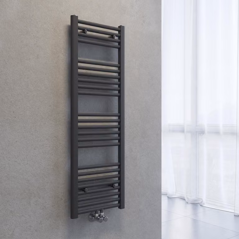 Radiatore asciuga-asciugamani SONNI, dimensioni 1200 x 400 mm, colore grigio antracite, riscaldamento ad acqua calda, senza resistenza elettrica