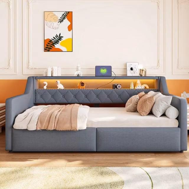 Letto divano 90 × 200 cm con LED, contenitore idraulico, USB e Type-C, senza materasso, grigio