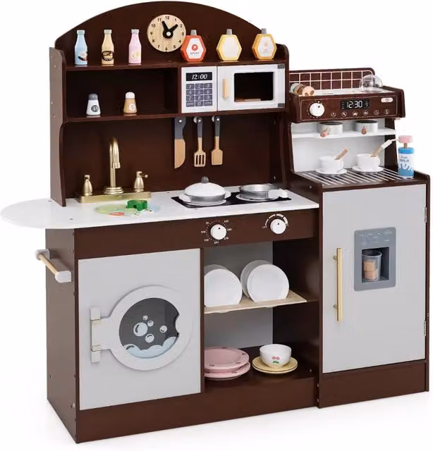 Set da cucina in legno per bambini marrone con macchina per il caffè e spazio di archiviazione, L/P/H: 106 x 30 x 105 cm
