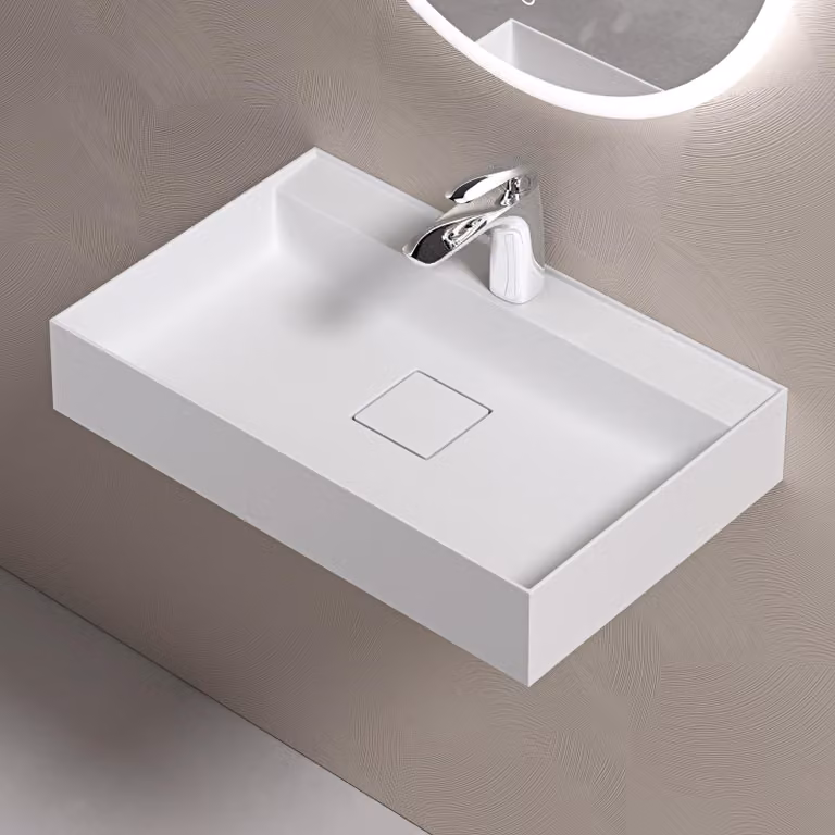 doporro Lavabo Bagno Sospeso 60 cm Rettangolare in Resina Bianco Opaco con Vasca Integrata a Sinistra e Piletta Inclusa Colossum630