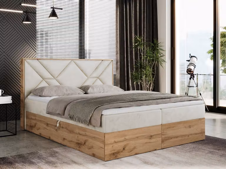 Letto boxspring 120x200 con contenitore, letto imbottito 120x200 con materasso H4, letto boxspring 120x200 con testiera, letto boxspring in legno massello - Gunar - Beige Velvet - H4