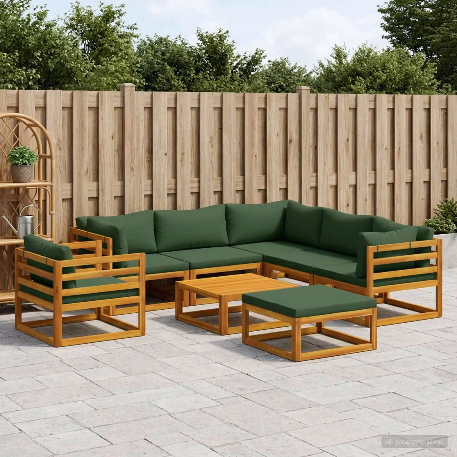 Set di divani da giardino vidaXL 8 pz in legno di acacia massello con cuscini e tavolino, forma a L, colore marrone e verde