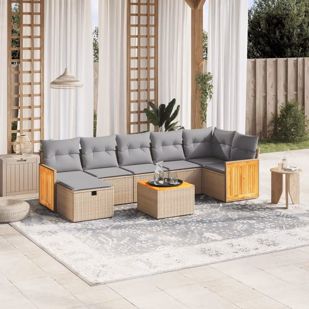 vidaXL Set Divano da Giardino a L 8 pz con Cuscini Beige e Grigio in Polyrattan e Acciaio – 1