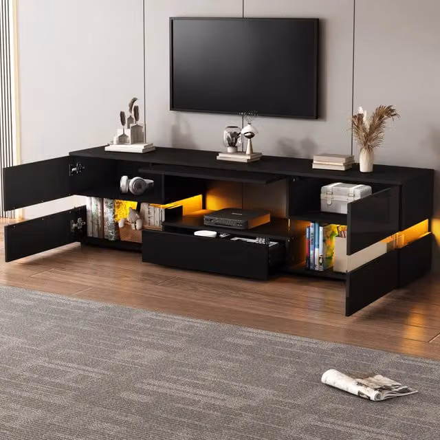 Mobile TV con LED 160 x 39 x 45 cm; 2 ante; 1 cassetto; vano aperto; frontale lucido; nero