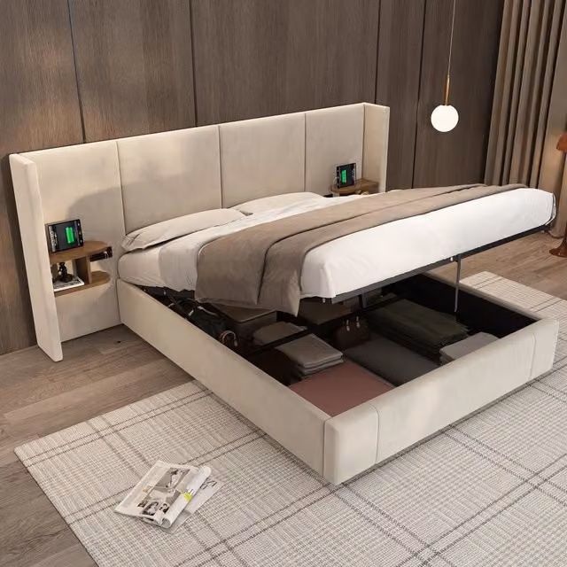 Letto matrimoniale imbottito 160x200cm con 2 comodini e riporto in velluto beige