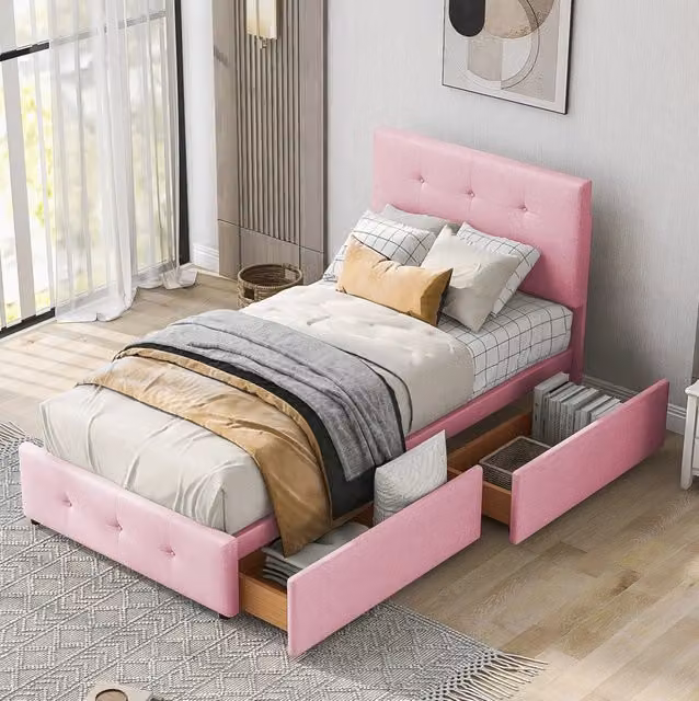 Letto imbottito MODFU con cassetto contenitore e rete in velluto rosa L 90 cm x P 200 cm