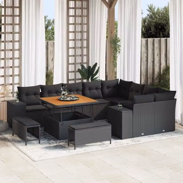 Set Divano da Giardino a Forma di U vidaXL con Cuscini e Tavolino Nero – 1