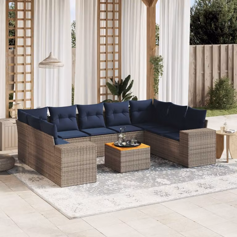 Set di divani da giardino vidaXL in polyrattan grigio con cuscini e tavolino da esterno a forma di L