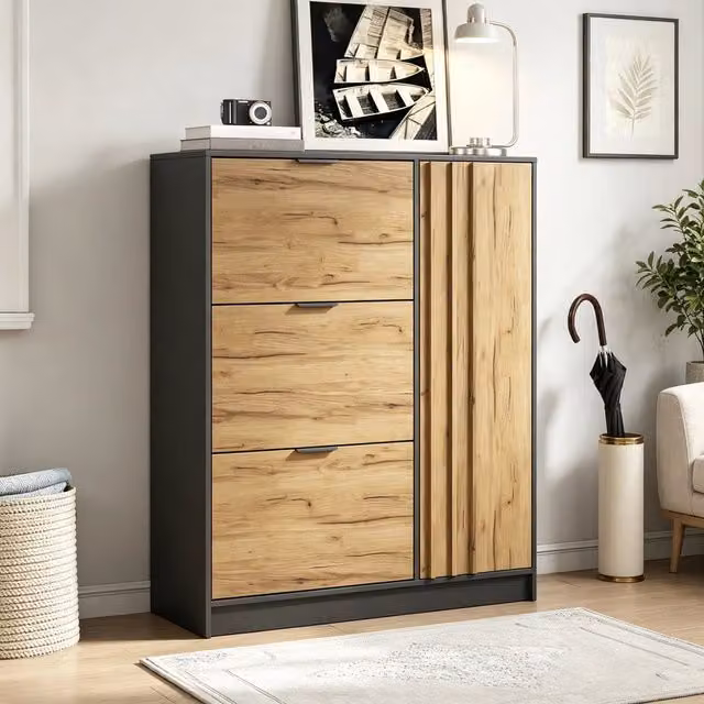 Scarpiera Minimal in MDF per ingresso e camera da letto, colore rovere e nero, con 3 ante e capacità per 12 paia di scarpe, L 100 cm x P 30 cm x H 130 cm