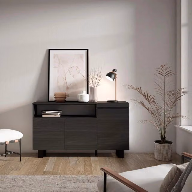 Credenza, Mobile, 150x35x87cm, 3 Porte, Design industriale, Nero RF2509
