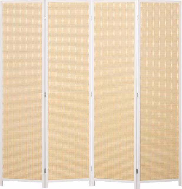 Paravento Separatore Ambienti Xylo 4 Pannelli in Legno e Rattan Colore Bianco e Beige H 180 cm