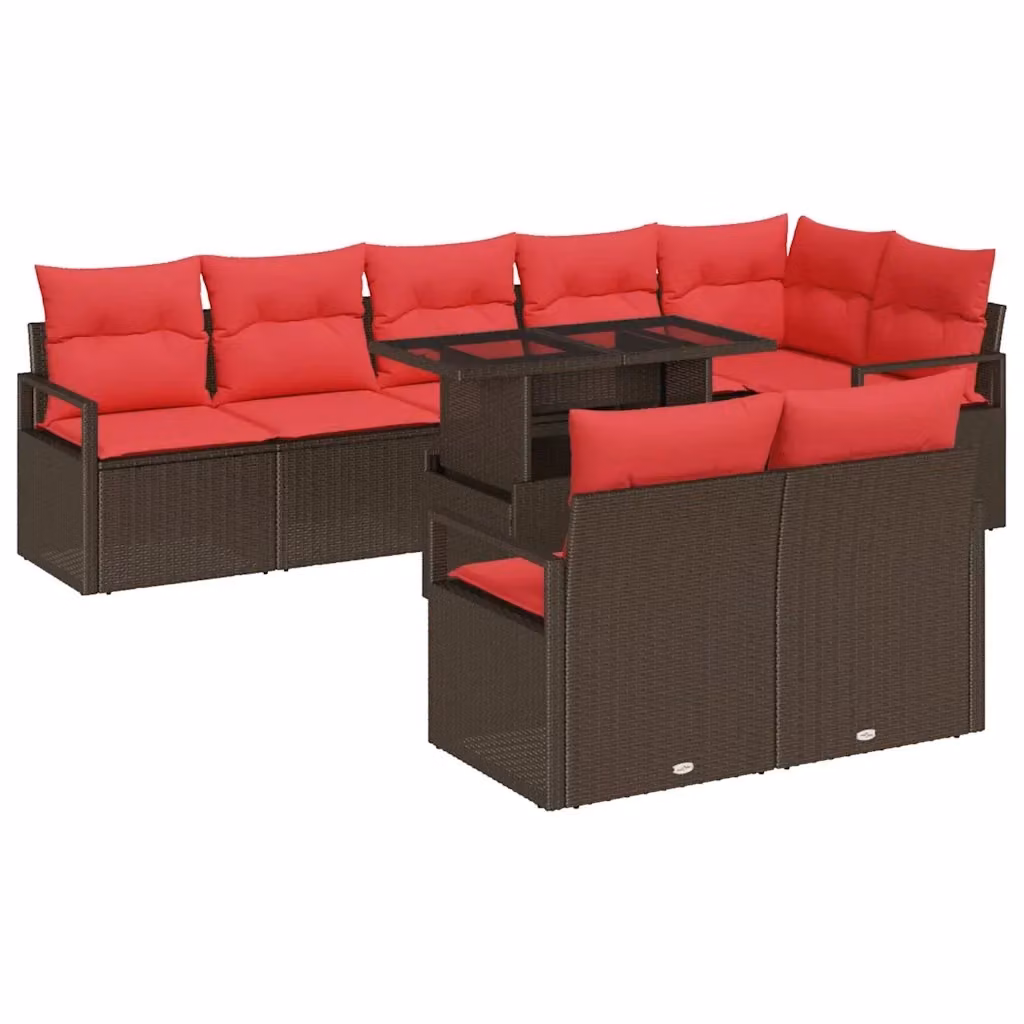 Set Divano da Giardino a L con Tavolino vidaXL, 9 Pezzi, Marrone e Rosso, in Rattan con Struttura in Metallo e Cuscini Inclusi – 2