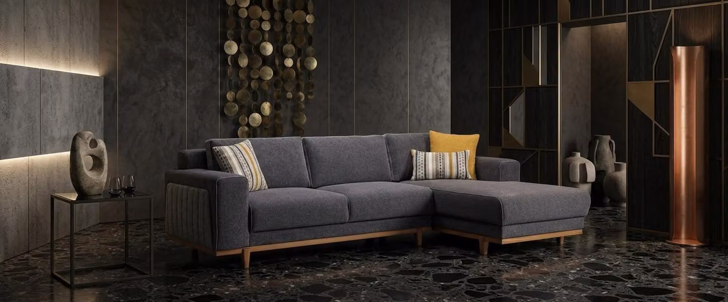 Divano angolare grigio elegante, a forma di L, con gambe in legno, design moderno e lussuoso